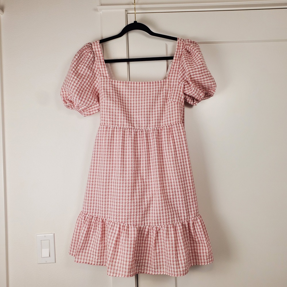 Gingham Milk Maid Mini Dress Womens Small Pink White Puff Sleeve Tie Back Ruffle